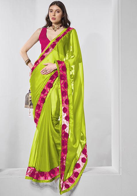 Fluorescent Green Sequin Embellished Satin Saree Set