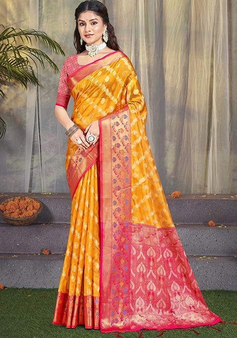 Yellow Zari Woven Design Silk Saree Set