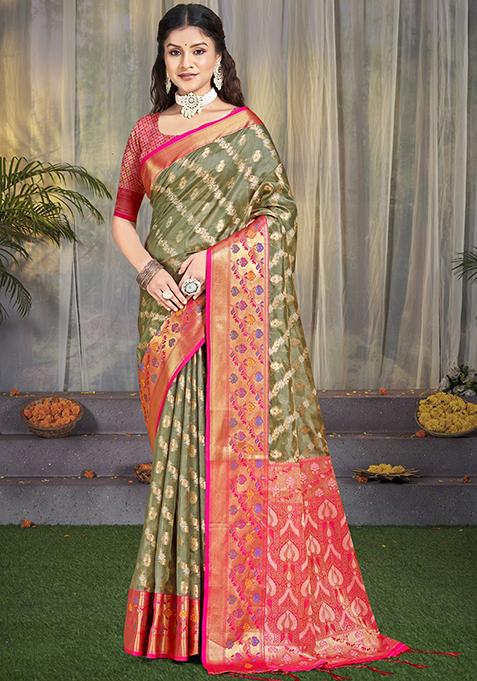 Grey Zari Woven Design Silk Saree Set