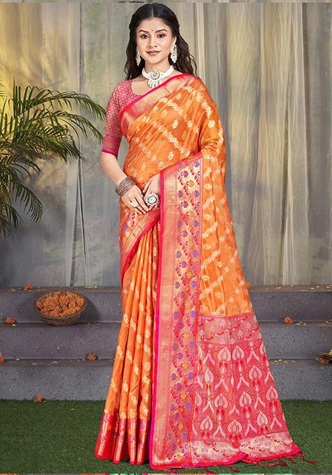 Orange Zari Woven Design Silk Saree Set