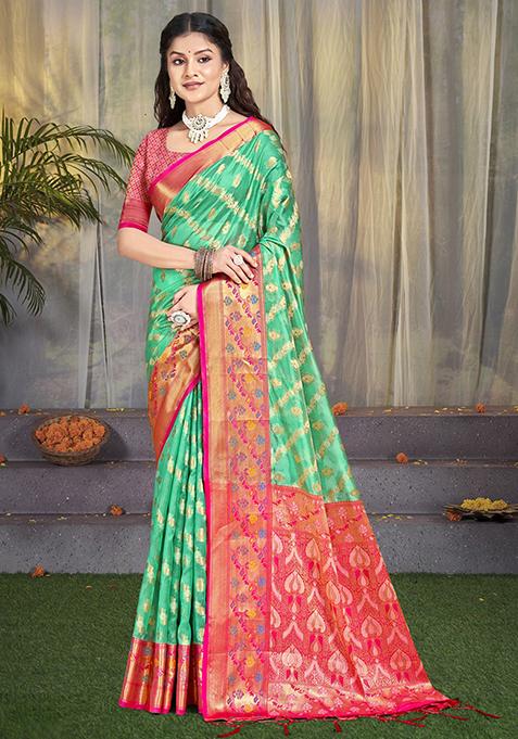 Turquoise Zari Woven Design Silk Saree Set