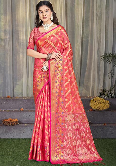 Peach Zari Woven Design Silk Saree Set