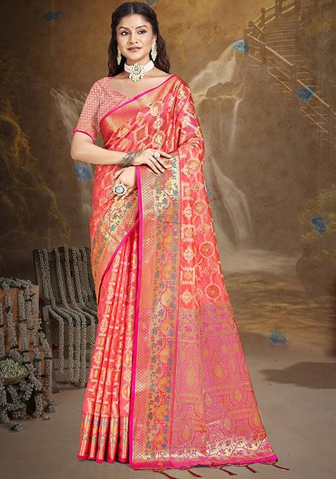 Peach Zari Woven Design Silk Saree Set