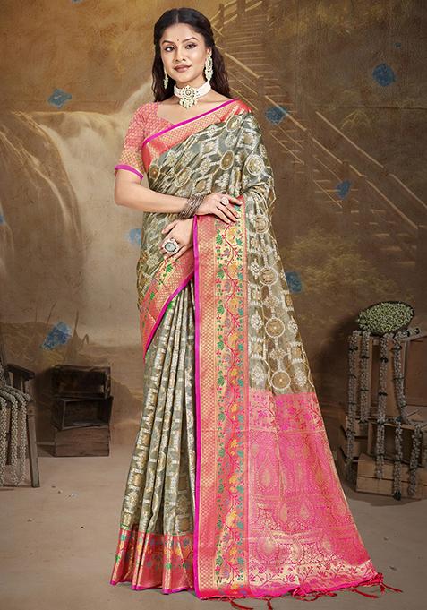 Grey Zari Woven Design Silk Saree Set