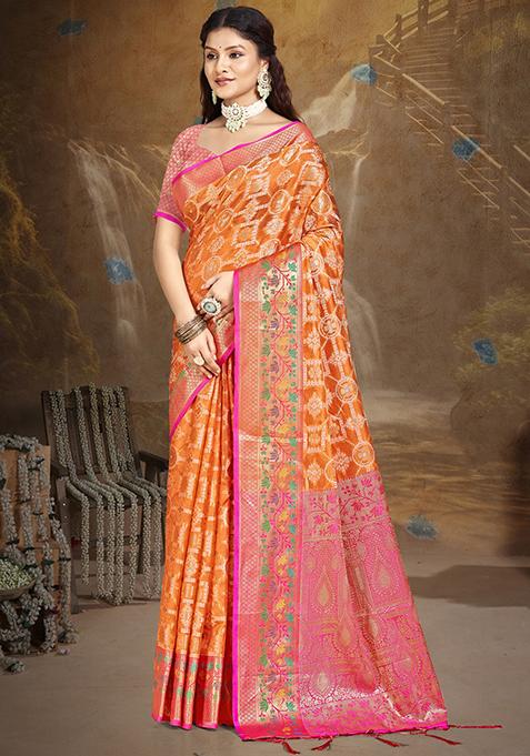 Orange Zari Woven Design Silk Saree Set