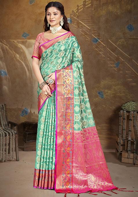 Turquoise Zari Woven Design Silk Saree Set