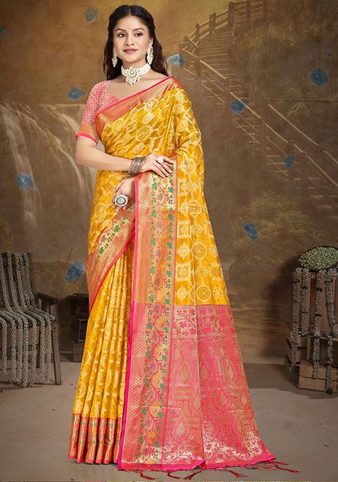 Yellow Zari Woven Design Silk Saree Set