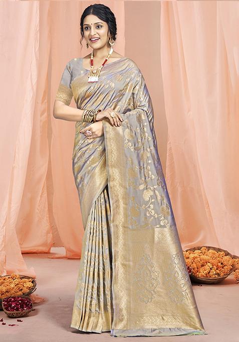 Grey Zari Woven Design Silk Saree Set