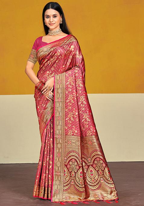 Peach Zari Woven Design Silk Saree Set