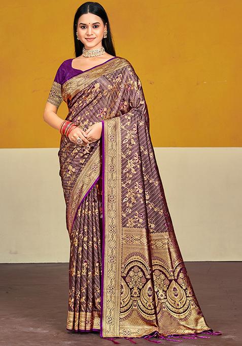 Violet Zari Woven Design Silk Saree Set