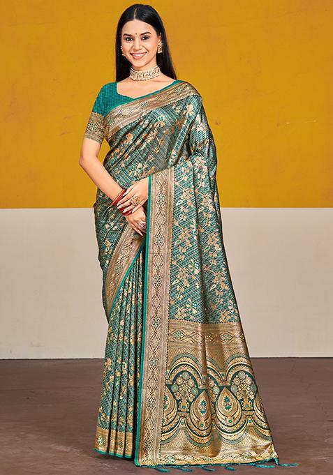 Turquoise Zari Woven Design Silk Saree Set