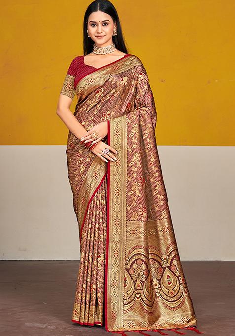 Maroon Zari Woven Design Silk Saree Set