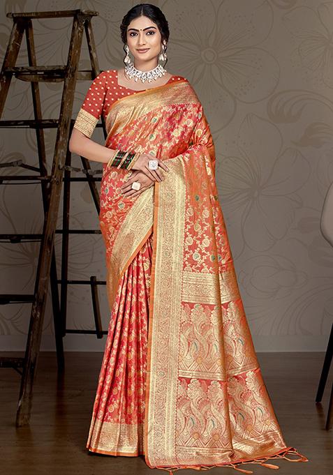 Orange Zari Woven Design Silk Saree Set