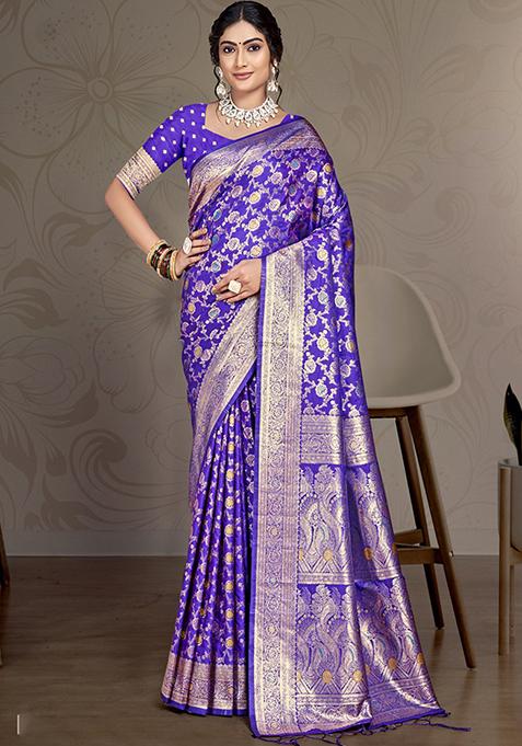 Blue Zari Woven Design Silk Saree Set