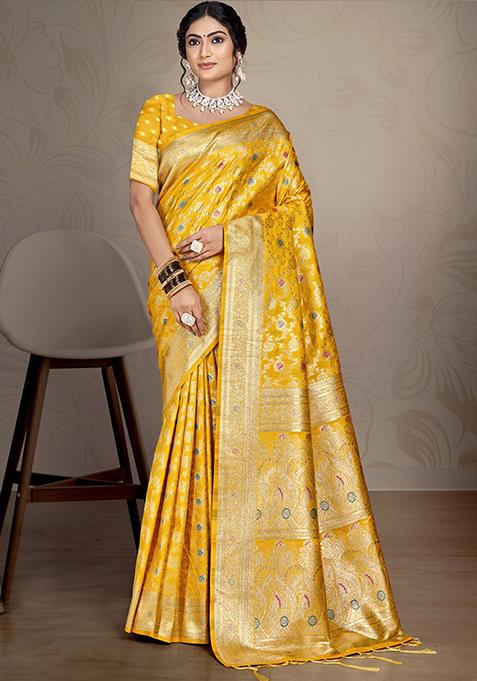 Yellow Zari Woven Design Silk Saree Set