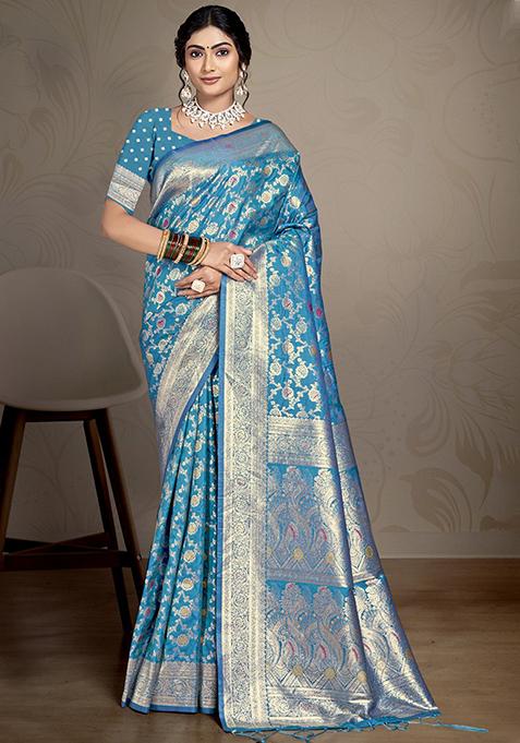 Turquoise Zari Woven Design Silk Saree Set