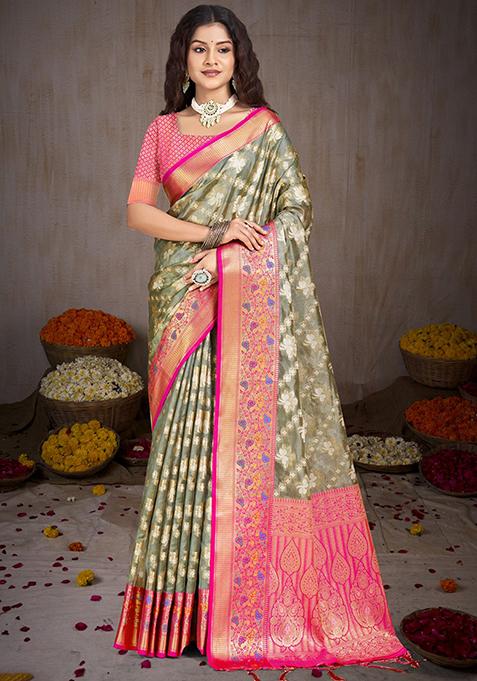 Grey Zari Woven Design Silk Saree Set