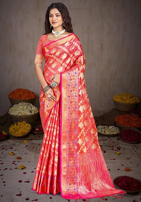 Pink Zari Woven Design Silk Saree Set