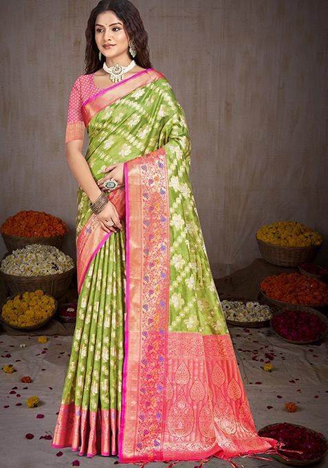 Light Green Zari Woven Design Silk Saree Set