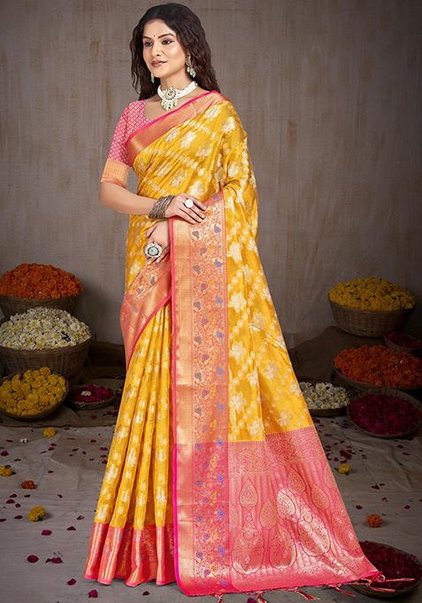 Yellow Zari Woven Design Silk Saree Set