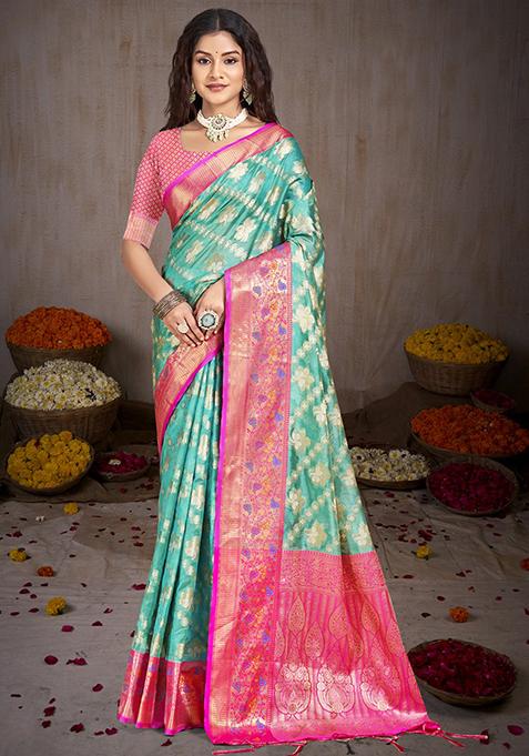 Turquoise Zari Woven Design Silk Saree Set