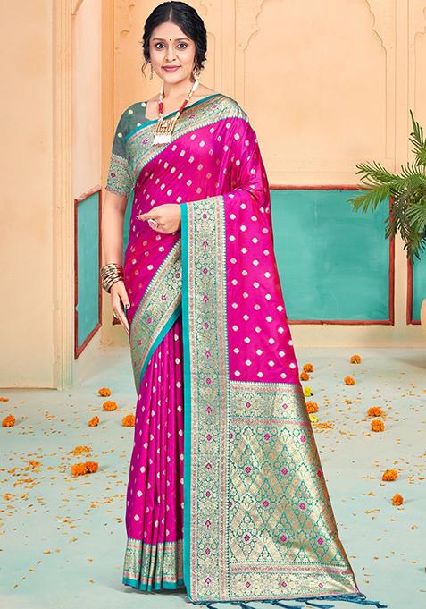 Pink Zari Woven Design Silk Saree Set