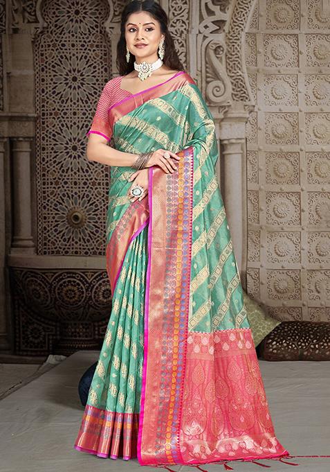 Turquoise Zari Woven Design Silk Saree Set