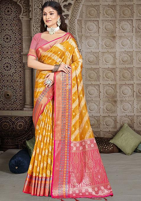 Yellow Zari Woven Design Silk Saree Set