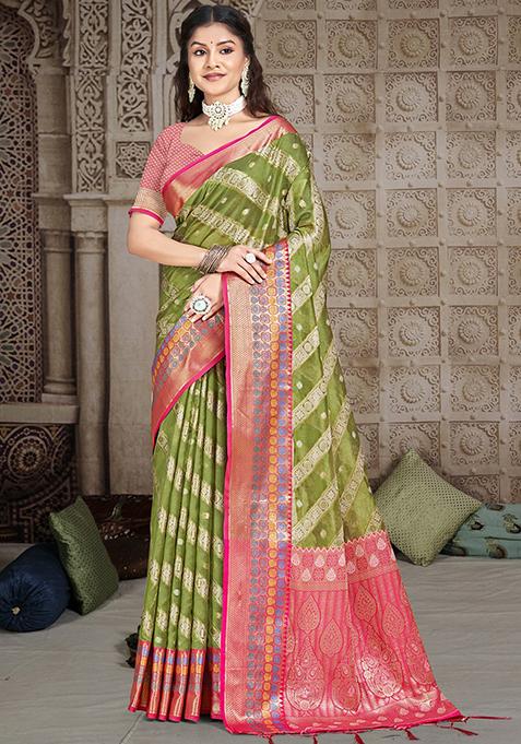 Mehendi Zari Woven Design Silk Saree Set