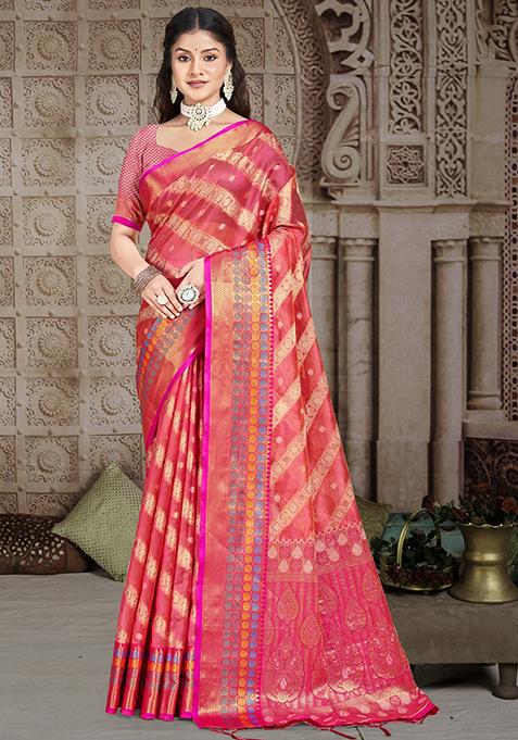 Peach Zari Woven Design Silk Saree Set