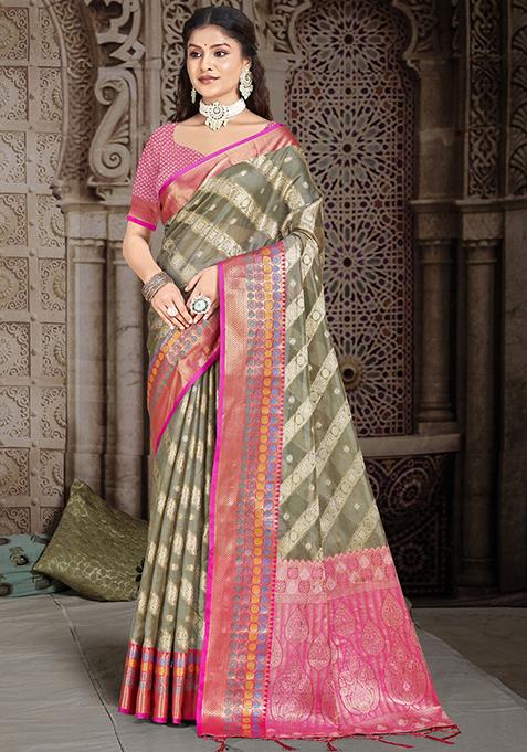 Grey Zari Woven Design Silk Saree Set