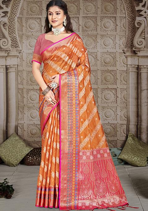 Orange Zari Woven Design Silk Saree Set