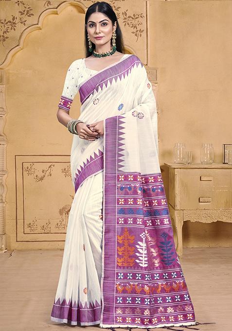 Off White Zari Woven Design Cotton Saree Set