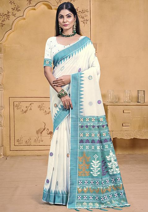 Off White Zari Woven Design Cotton Saree Set