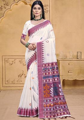 Off White Zari Woven Design Cotton Saree Set