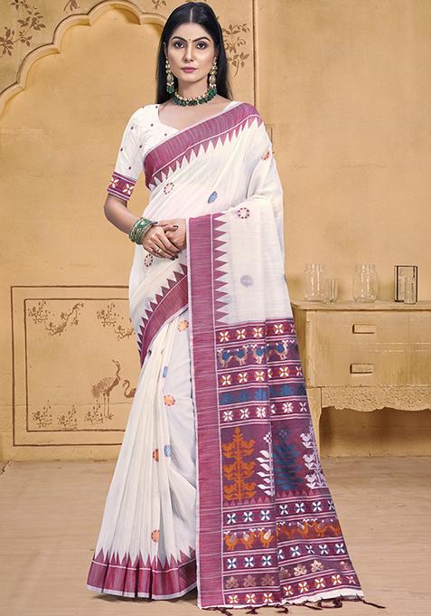 Off White Zari Woven Design Cotton Saree Set