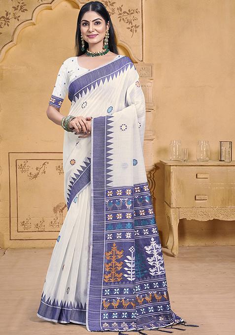 Off White Zari Woven Design Cotton Saree Set