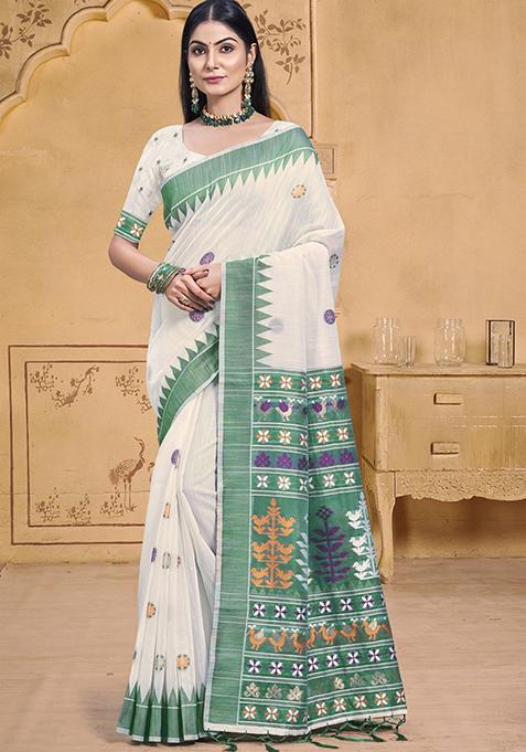 Off White Zari Woven Design Cotton Saree Set