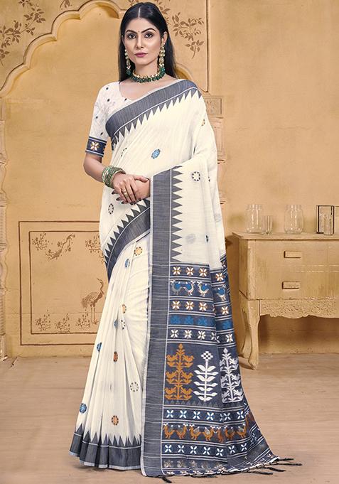 Off White Zari Woven Design Cotton Saree Set