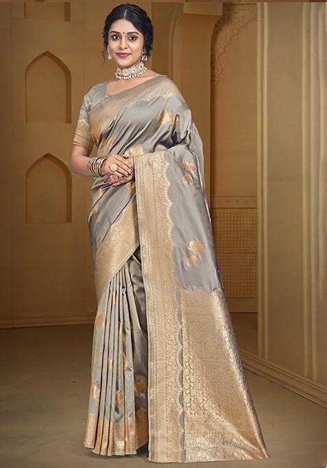 Grey Zari Woven Design Silk Saree Set