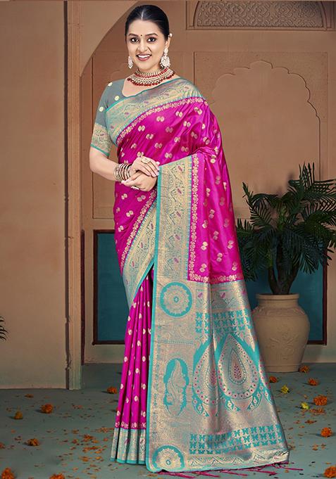 Pink Zari Woven Design Silk Saree Set