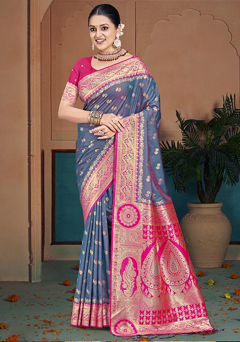 Blue Zari Woven Design Silk Saree Set