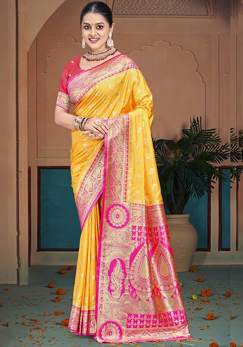 Yellow Zari Woven Design Silk Saree Set