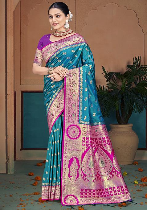 Light Blue Zari Woven Design Silk Saree Set