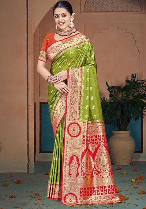 Mehendi Zari Woven Design Silk Saree Set