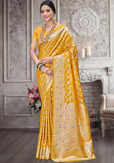 Yellow Zari Woven Design Silk Saree Set