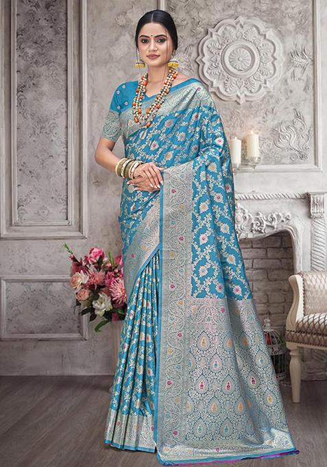 Sky Blue Zari Woven Design Silk Saree Set