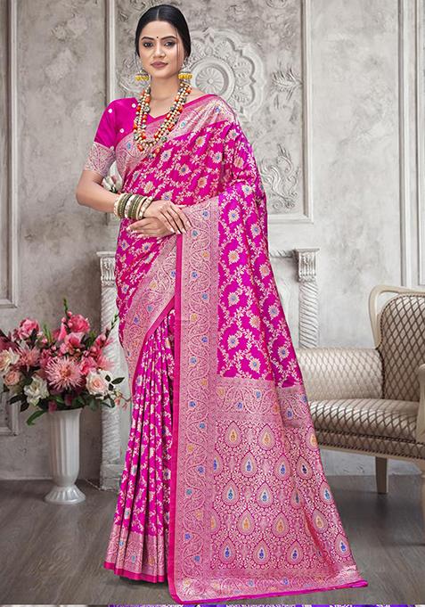 Pink Zari Woven Design Silk Saree Set