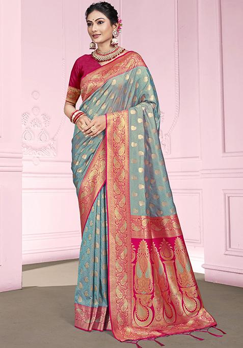 Sky Blue Zari Woven Design Silk Saree Set