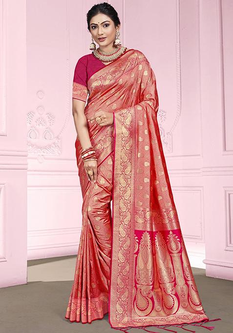 Pink Zari Woven Design Silk Saree Set